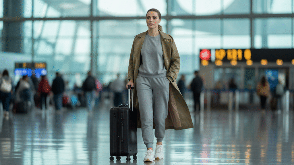 A woman demonstrating a chic athleisure look by pairing a matching sweat suit with a trench coat