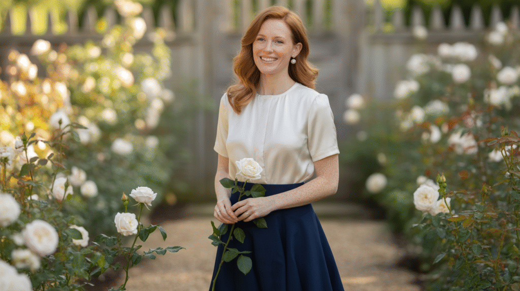 A woman in a classic and feminine outfit combo featuring an A-line skirt and a tucked-in blouse