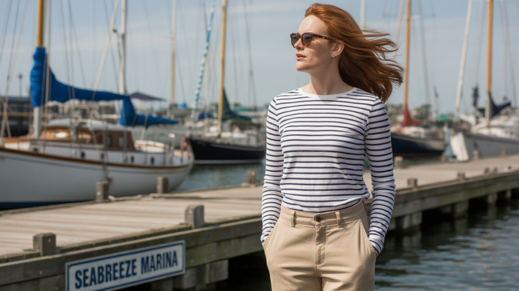 A woman in a classic, preppy outfit combo of a striped shirt and chinos.