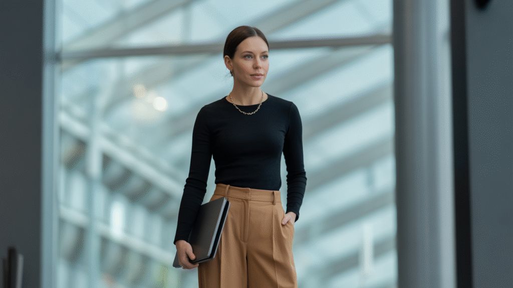 A woman in a modern and professional outfit combo of wide-leg trousers and a fitted top