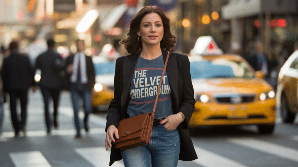 A woman looking chic in a black blazer, t-shirt, and jeans, demonstrating an easy and stylish outfit combo.