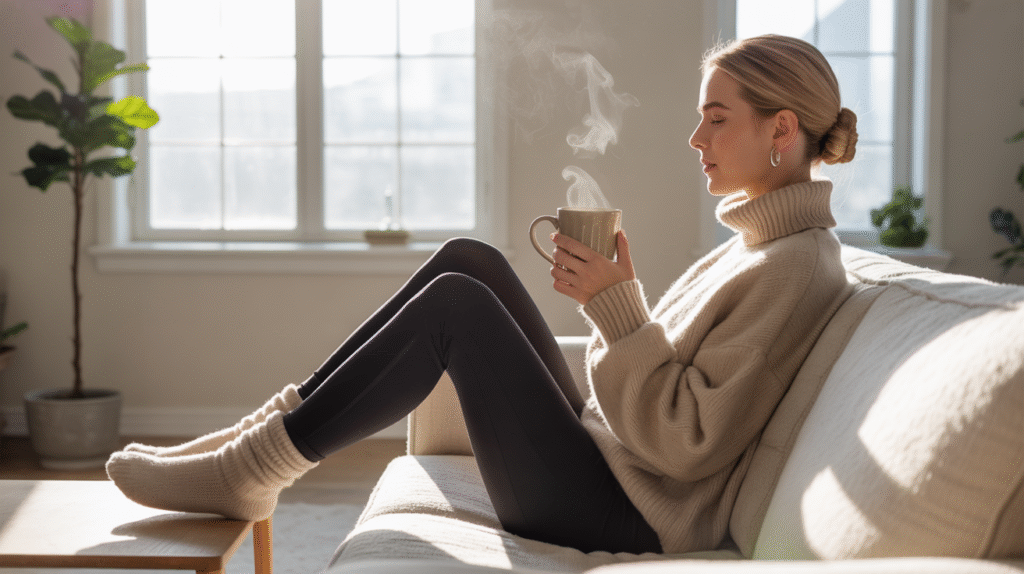 A woman looking comfortable and stylish in an oversized sweater and leggings, a perfect cozy outfit combo.