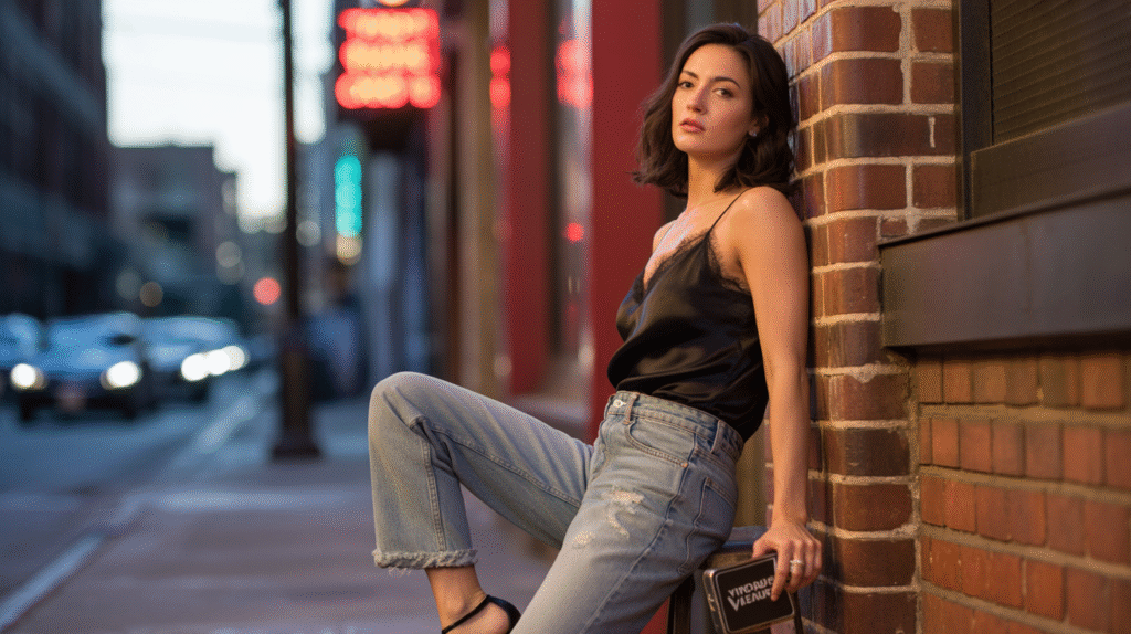A woman showcasing a stylish high-low outfit combo of a silky camisole and distressed jeans.