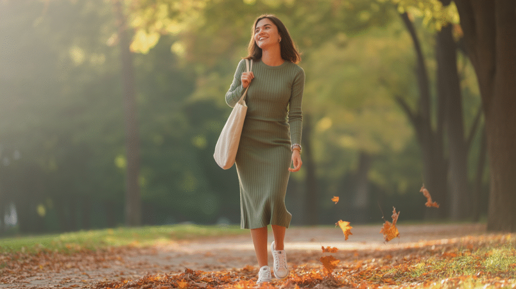 A woman wearing a comfortable and chic knit midi dress, an easy one-piece outfit solution