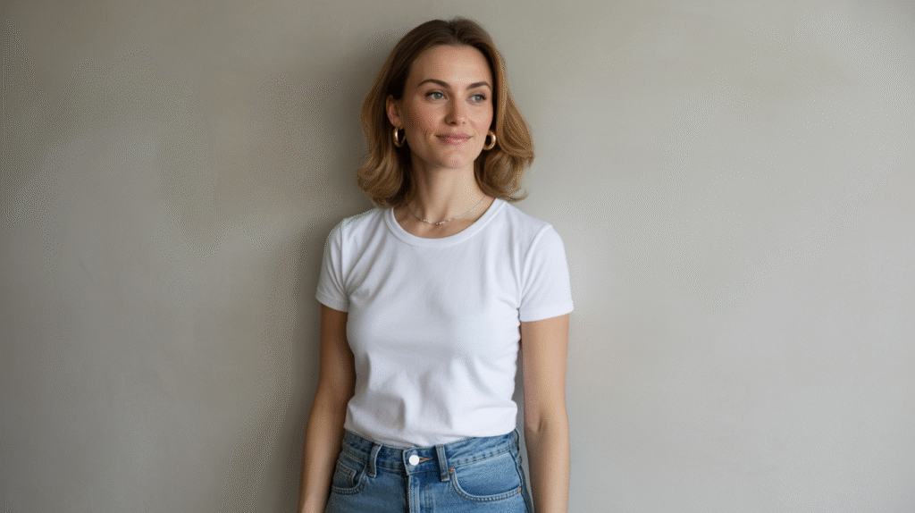A woman wearing the classic and easy outfit combo of straight-leg jeans and a white t-shirt