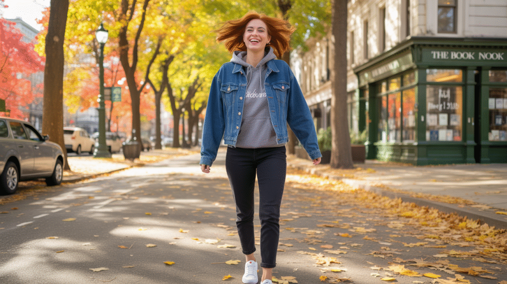 A woman wearing the perfect weekend outfit combo of a denim jacket, black jeans, and sneakers